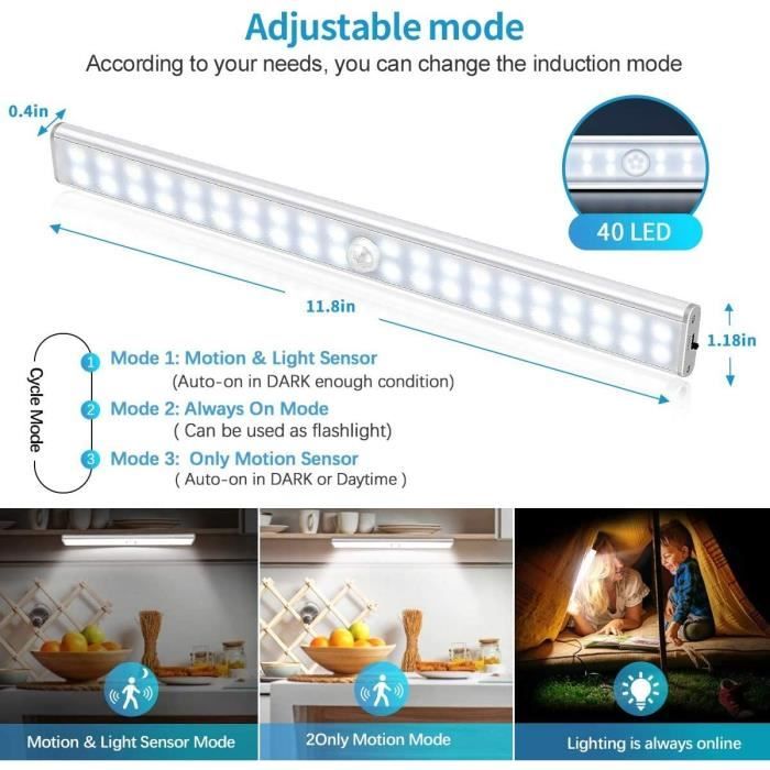 Lampe de Placard 40 LED,Sans Fil Rechargeable par USB, Aimanté, Détecteur  de Mouvement,4 Modes d'Éclairage,Lumière de Placard(2ps) - Cdiscount Maison