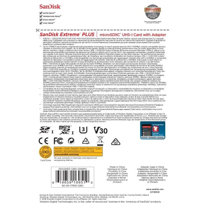 SanDisk Extreme Plus 128GB microSDXC Memory Card SD Adapter with A2 App Performance Rescue Pro Deluxe up to 170MB s Class Cdiscount Appareil Photo