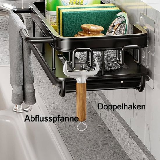 Organisateur Evier Cuisine Rangement Evier Support Pour Eponge Chiffon Brosse Liquide Vaisselle En Acier Inox 42.5x10.5x23.5cm-Noir - Bricolage