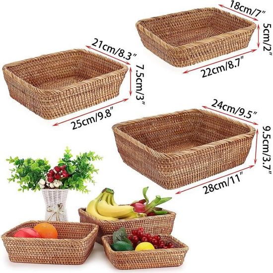Set De 3 Paniers En Osier Naturel - Corbeille Fruits Pain Cookies - Déco Maison Style Campagne