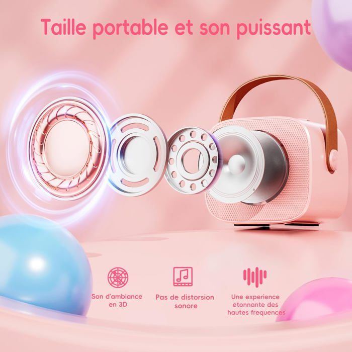 Micro Karaoké Enfant Sans Fil – Set De 2 Micros Bluetooth Avec Lumières LED – Enceinte Portable Et Lecteur De Musique – Cadeau Anniversaire Pour Fille – Rose