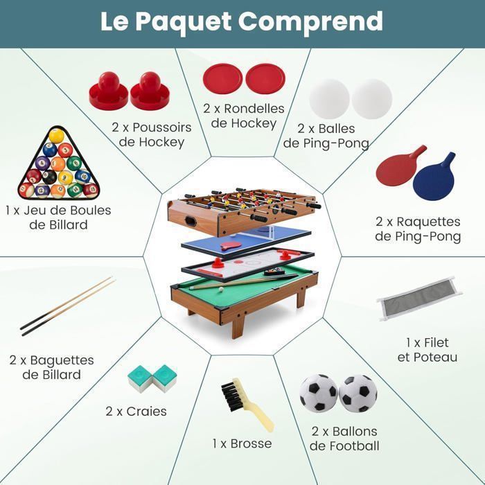 COSTWAY 4 en 1 Table de Baby-Foot avec Billard & Hockey & Tennis, Table Multijeux Empilable avec Marqueur Manuel & Accessoires Riches, Jouet d'Arcade pour Fête & Bar pour Enfant & Adulte