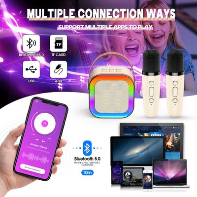 Machine Karaoké Enfant IROO – 2 Micros Sans Fil + Effets Voix + Lumières Disco LED – Bluetooth Portable Beige – Cadeau Fille Garçon 3-12 Ans