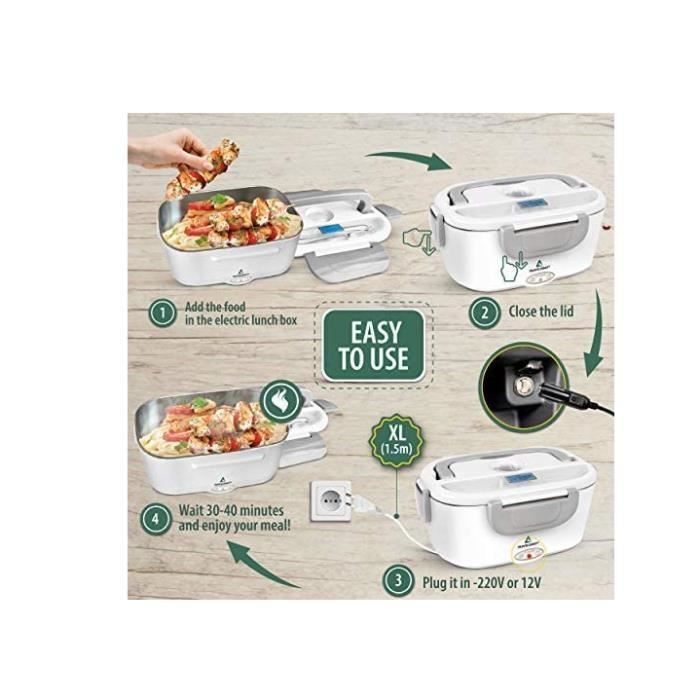 Boîte Repas Chauffante Rechargeable 1L – Gamelle électrique En Acier Inox Avec Minuterie, 65–90 °C, Batterie 8000 MAh, Séparateurs Amovibles