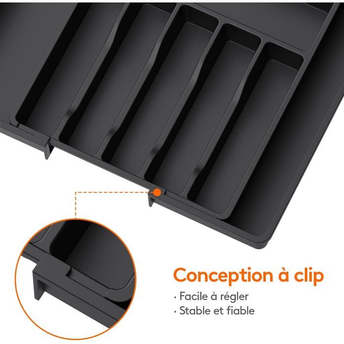 Range Couverts, Plateau d'Ustensiles Extensible pour Tiroir Noir, Organisateur de Tiroir