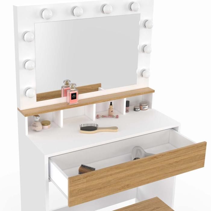 Coiffeuse ZELIA blanche miroir LED avec rangement, 1 tiroir, 1 caisson de rangement et tabouret rembourré
