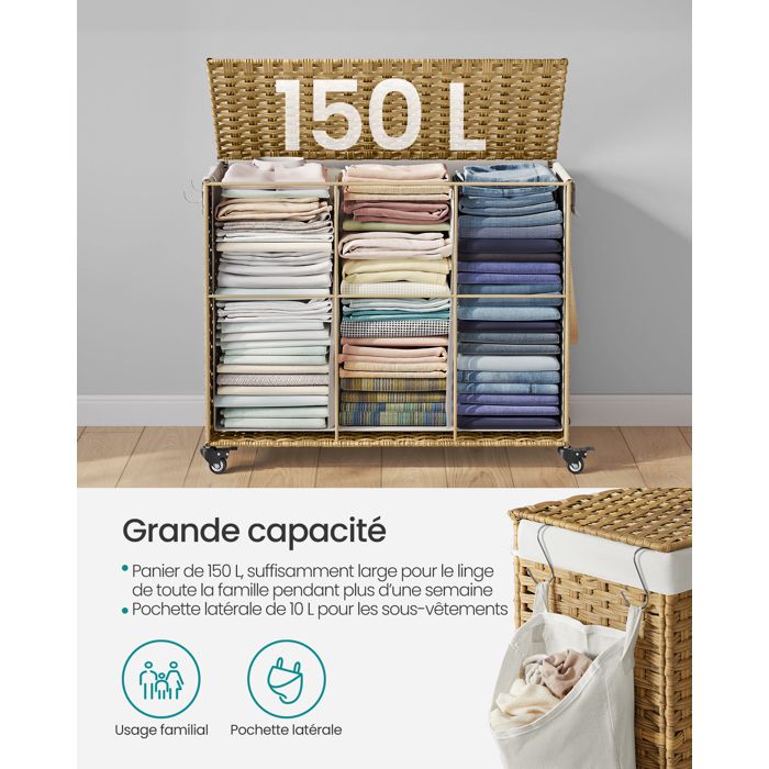 Lifewit Panier à Linge 160L 3 Compartiments Avec Couvercle - Grand Corbeille Linge Sale Pliable Avec Poignées Et 3 Sacs Amovibles, Blanc