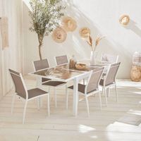 Salon de jardin table extensible - Orlando Taupe - Table en aluminium 150/210cm. plateau de verre. rallonge et 6 chaises en