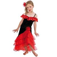 Déguisement Espagnole Fille CHAKS 7/8 ans - Robe Rouge et Noire - Accessoire Peigne avec Rose Rouge
