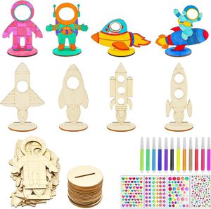 Kit 24 Fusées En Bois à Peindre - 8 Formes Spatiales + Aquarelles Et Autocollants - DIY Enfant Dès 3 Ans