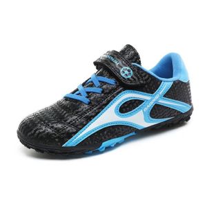 ECELEN Chaussures de Football Enfant Respirantes – Fermeture à scratch – Crampons courts – Noir et Bleu