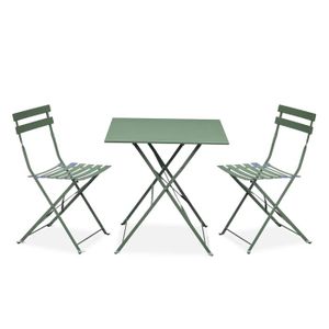 Ensemble table et chaise de jardin Salon de jardin bistrot pliable - Emilia carré vert de gris - Table 70x70cm avec deux chaises pliantes. acier thermolaqué
