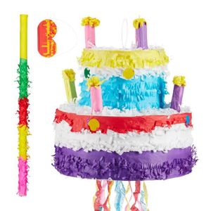 Piñata 3 tlg. Pinata Set Geburtstag Torte, Pinatastab mit Augenmaske, für Kinder, Stock & Augenbinde, Piñata ungefüllt, bunt