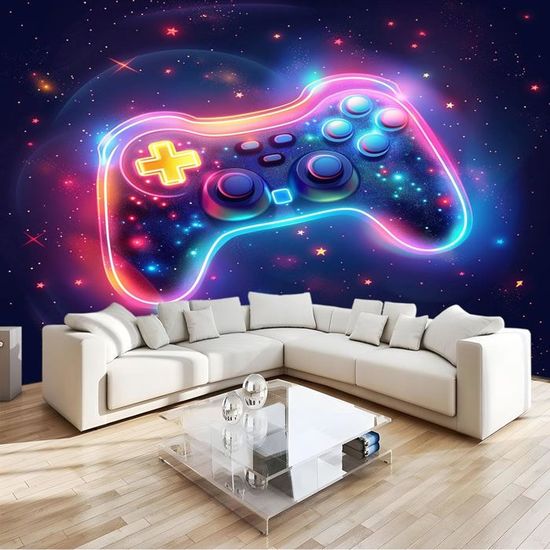 Rideau Occultant 132x214cm Jeu Vidéo - Manette Fluorescence Pour Chambre Enfant Ou Salle De Jeux