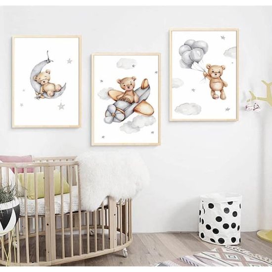 Youihom Lot De 3 Affiches Ourson Bébé Nuage Étoiles Lune - Posters Nordiques Chambre Enfant 30x40 Cm