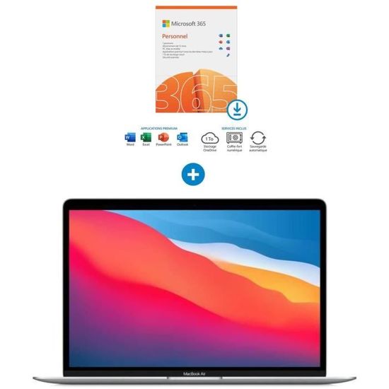 Apple - 13,3" MacBook Air (2020) - Puce Apple M1 - 8Go - 256Go - Argent + Microsoft 365 Personnel à télécharger - Abonnement 1 an