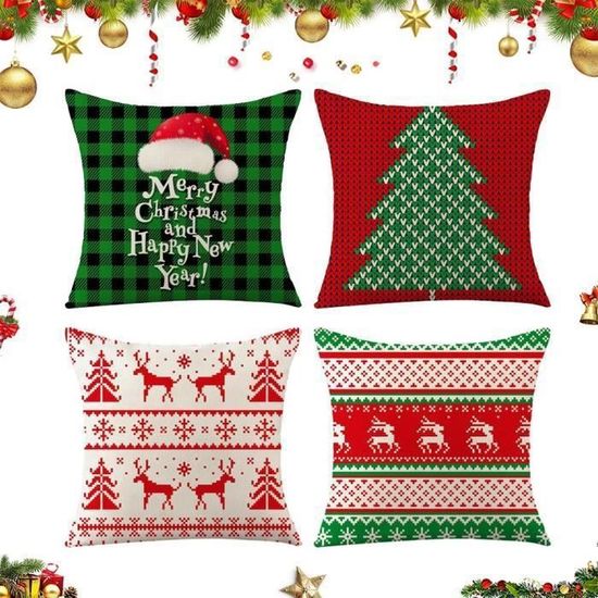 Housses De Coussin Noël Avezano - Lot De 4, 45x45 Cm, Motif Renne Et Sapin - Décoration Salon Ou Terrasse