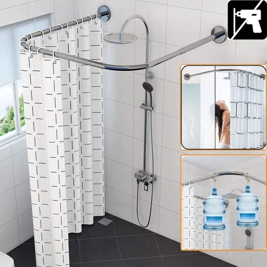 Tringle Angle Pour Rideau De Douche En Forme De U, Extensible Réglable Arrondie En Acier Inoxydable Courbée Ajustable Sans Perçage, Argent, 80x80x80cm