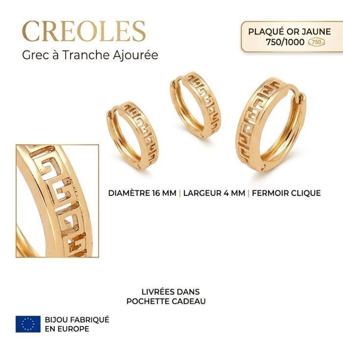 Boucles dOreilles - Créoles - Plaqué Or Jaune 750/1000 - Motif Grec Ajouré - 16 mm - Femme