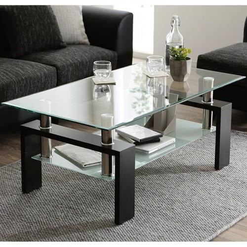 Table basse en verre trempé table à thé rectangulaire moderne noire avec étagère-MAD