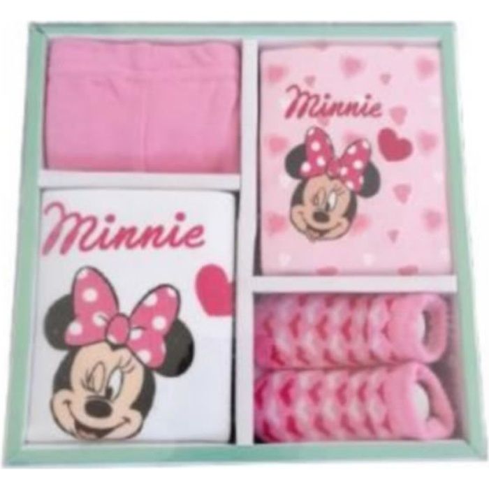 Coffret Cadeau Bébé Disney Fille Minnie Rose et Blanc 4 pièces de la naissance à 6 mois