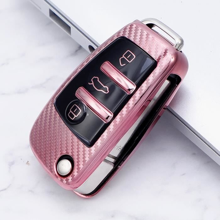 Coque clé,Porte clés coquille de voiture à couverture complète en Fiber de carbone pour Audi C6 A7 A8 R8 A1 A3 A4 A5 - Type A-pink