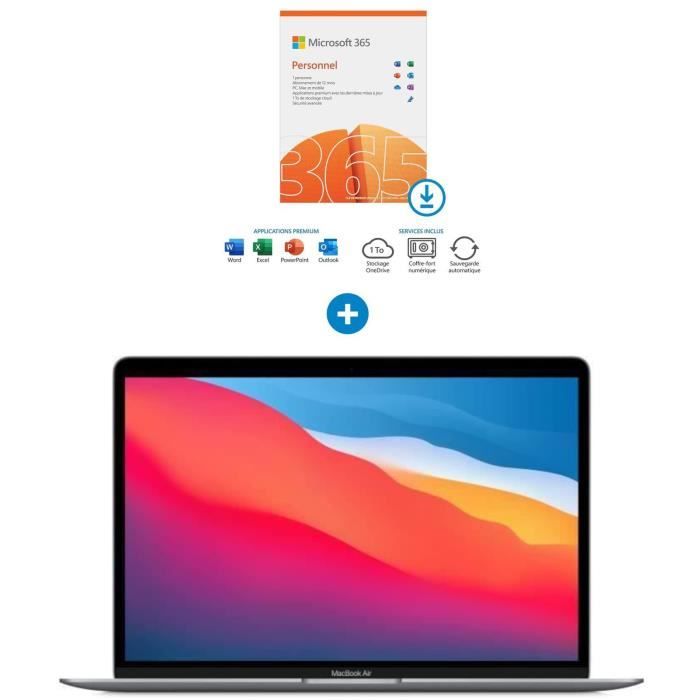 Apple - 13,3- MacBook Air (2020) - Puce Apple M1 - 8Go - 256Go - Gris + Microsoft 365 Personnel à télécharger - Abonnement 1 an