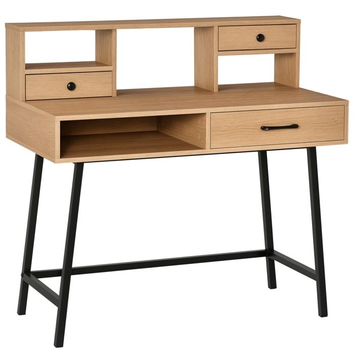 Bureau secrétaire style industriel dim. 105L x 55l x 100H cm 3 tiroirs + 3 niches piètement métal noir plateau imitation bois