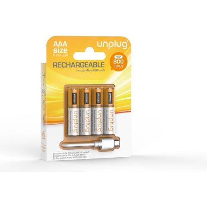 UNPLUG Piles Rechargeables AAA Pack de 4 avec Câble Micro USB