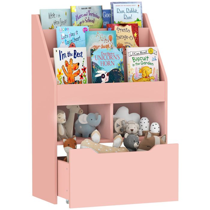Bibliothèque HOMCOM étagère Multi-Rangement 3 étagères 2 niches Grand tiroir en bois Rose