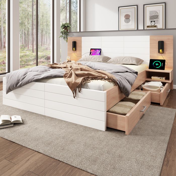 Lit double 180x200 cm en bois - avec 2 chevets et 2 tiroirs - 2 liseuses rotatives avec prise USB - Blanc & Naturel