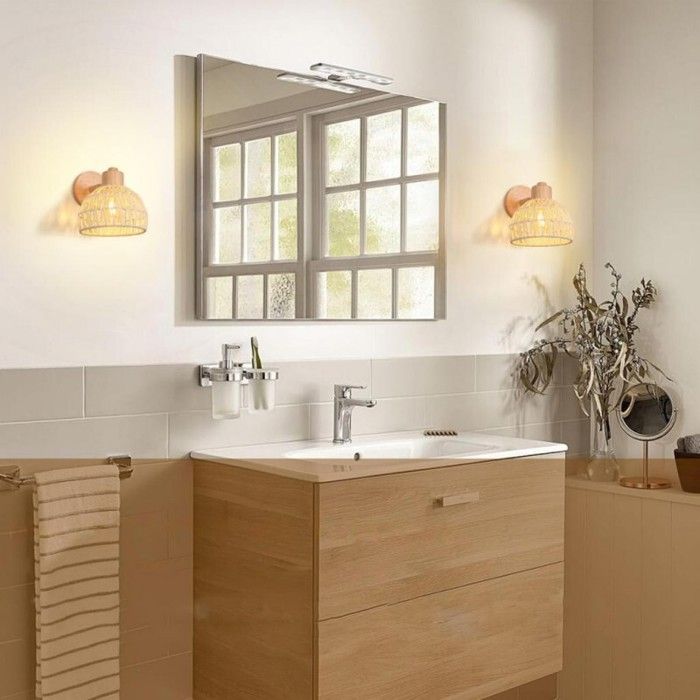 WOTTES Lot de 4 Applique Murale Intérieure Ø20CM Blanc Lampe Murale en Bois et Rotin Rétro E27 Luminaire Vintage pour Cuisine