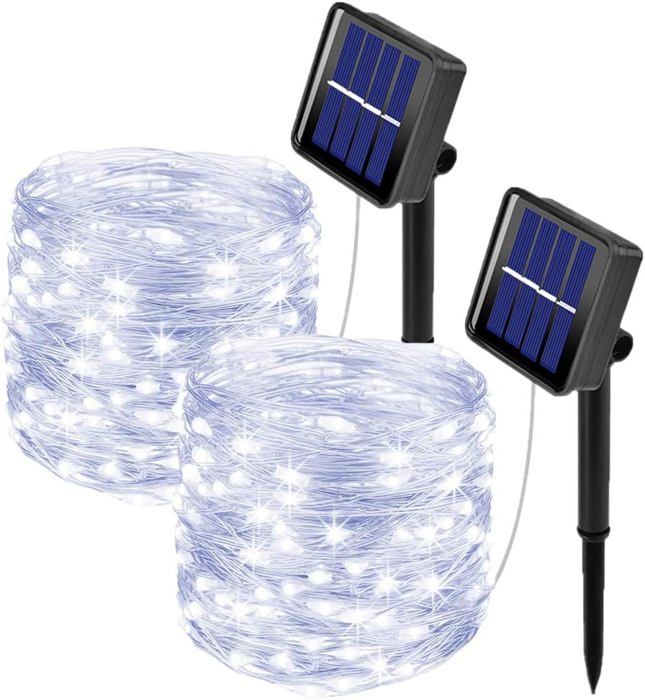 [2 pièces] Guirlande lumineuse solaire dextérieur 10M 100 LED Guirlande lumineuse extérieure étanche en fil de cuivre 8 modes Guir