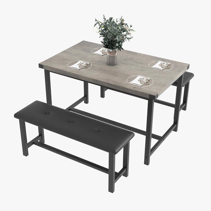 Ensemble 3 pièces 1 Table et 2 bancs Ensemble Table et chaises - Style rétro pour Salle à Manger Gris