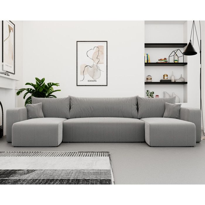 Canapé dangle Panoramique PIANO U - 7 places - Canape Convertible avec Coffre - Tissu Velours Cotelé - Gris clair