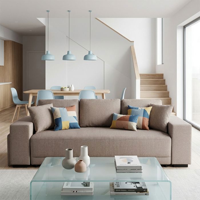 VEGA Canapé droit reversible convertible Beige SABLE (tissu texturé) - Taille S - 3 places - 249 x 89 x 85
