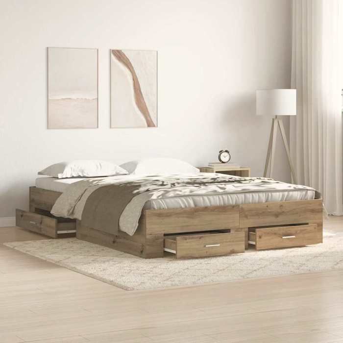 BONNIE®Lit en bois Lit double:140x190 cm Cadre de lit avec tiroirs chêne artisanal 140x190 cm neuf33523