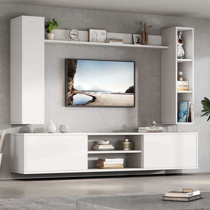 Ensemble meuble TV 4 pièces - Meuble TV + 2 meuble mural + étagère murale - 1 porte et 2 portes abattantes - Blanc Ensemble meuble TV 4 pièces - Meuble TV + 2 meuble mural + étagère murale - 1 porte et 2 portes abattantes - Blanc