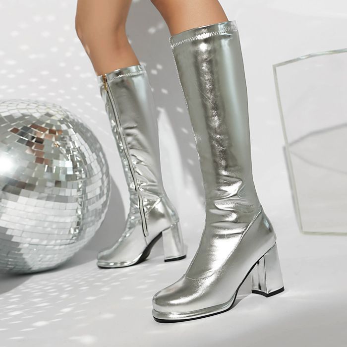 Bottes Femmes Mode Casual Vintage Rétro Longues Bottes de Cow-Boy Mi-Hautes Talon Carré
