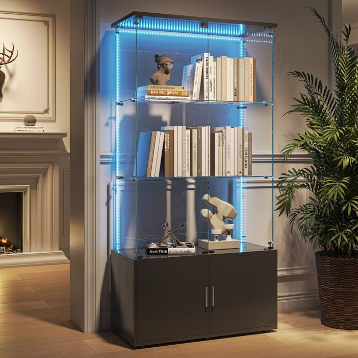 Vitrine en verre trempé noir à 3 couches et 2 portes armoire de collection transparente avec couche de rangement et lumière LED