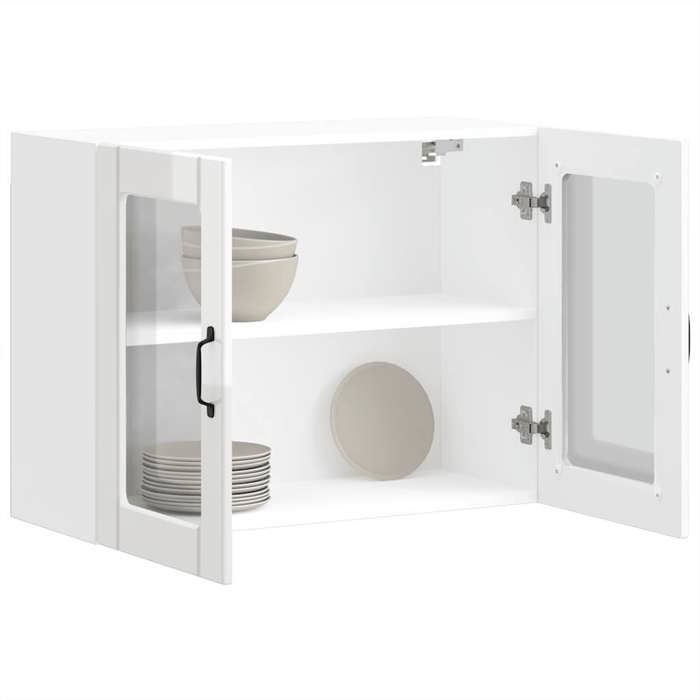Blanc Vitrine murale de cuisine - Meuble pour cuisine - Étagère de cuisine avec porte vitrée Lucca Bois dingénierie blanc