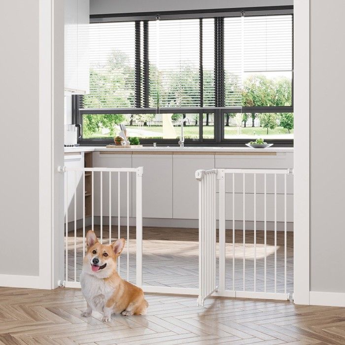 Meilleurs prix pour Barrière de sécurité pour chien et chat 74-1475 cm - 3 extensions - Pour escalier - Sans perçage - Métal blanc