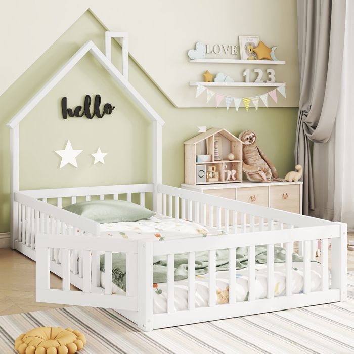 Merax Lit Enfant 90x200 Cm Maison Avec Protection Anti-Chute Et Étagère - Bois Naturel