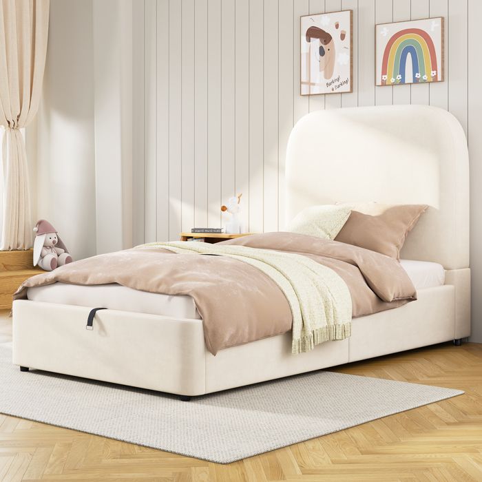 Lit enfant capitonné 90 x 200 cm lit simple lit coffre hydraulique avec tête de lit rembourrée épaisse tissu velours beige.