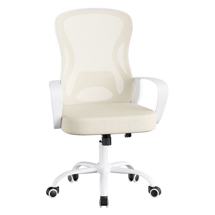 Chaise de Bureau Ergonomique en Maille Fonction Bascule Accoudoirs Beige et Blanc