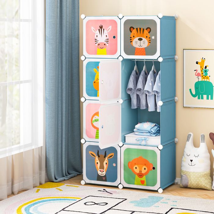 COSTWAY Armoire Meuble de Rangement pour Enfants 8 Cubes avec 1 Section Penderie Joli Assemblage facile 75 x 35 x 145 cm Bleu