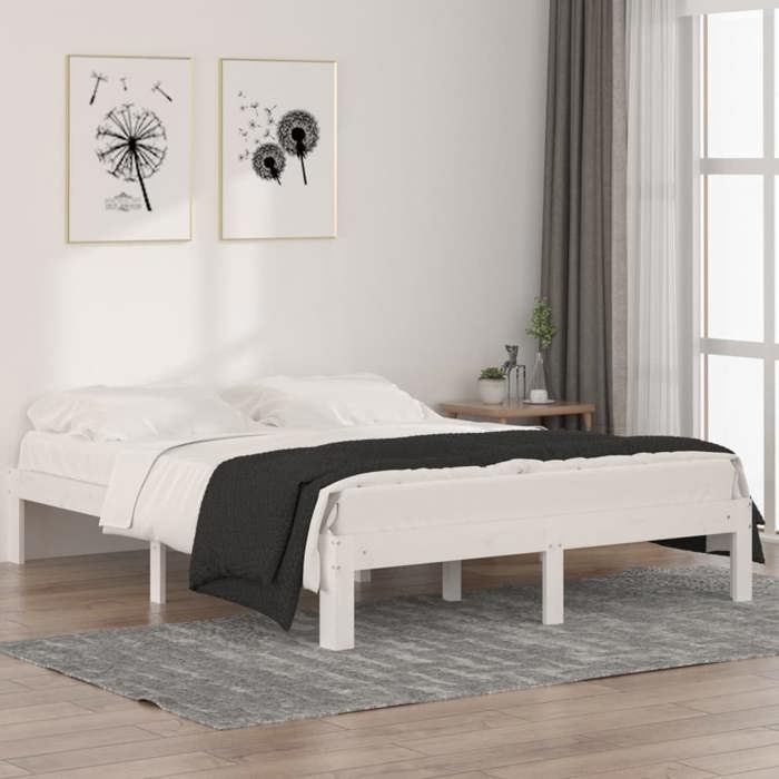 Cadre de lit en bois de pin - UU - 140x190 cm - Blanc - Bois de pin massif - Lattes en contreplaqué