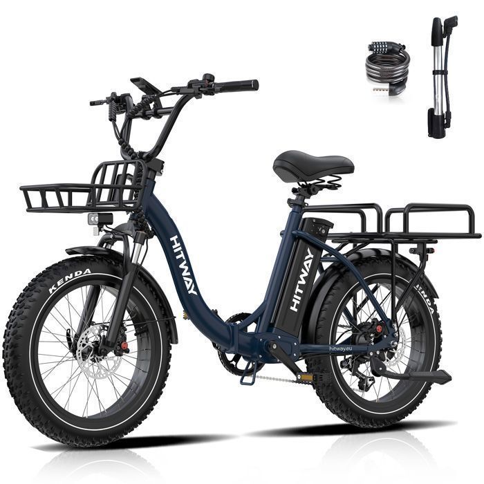 HITWAY Vélo Électrique 20 x 4.0 VAE - Batterie au Lithium Amovible 48V25Ah - Moteur 250W - 7 Vitesses - Autonomie 90-200 km -Bleu