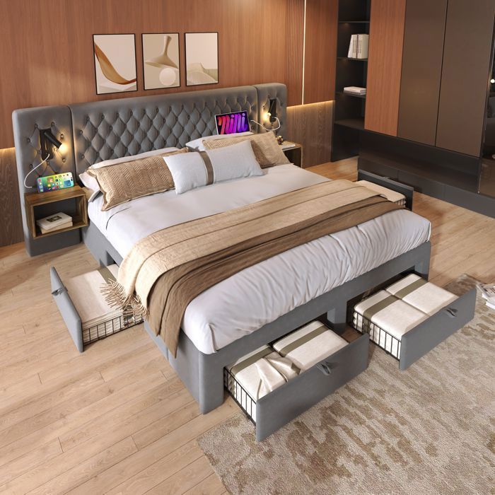 Lit Adulte 180x200 cm avec 4 Tiroirs Lit Capitonné en Velours Gris - 2 Tables de Chevet - LED et USB - Lampe Lecture