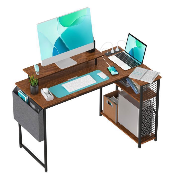 Bureau informatique avec étagère bureau d’angle en L ports USB et prise secteur 120 cm